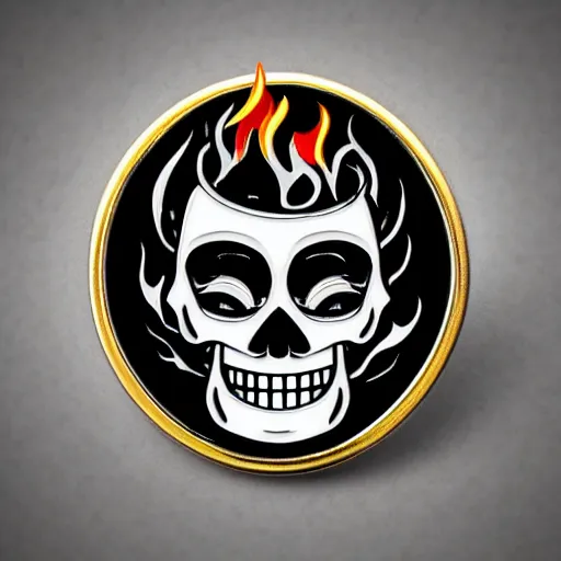 Prompt: a retro minimalistic menacing clean skull with roaring fire flame enamel pin, hd, concept art