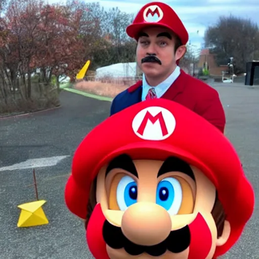 Prompt: a man poorly cosplaying as mario