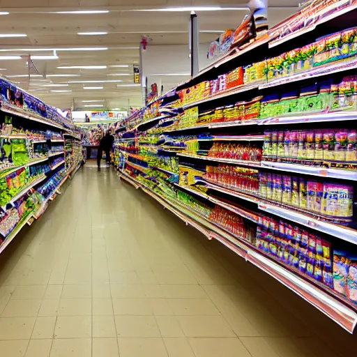 Image similar to supermarket aisles, fisheye lens, color, fluorescent lighting,