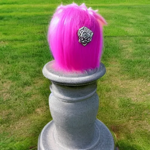 Prompt: photo of an urn with a pink punk hairdo