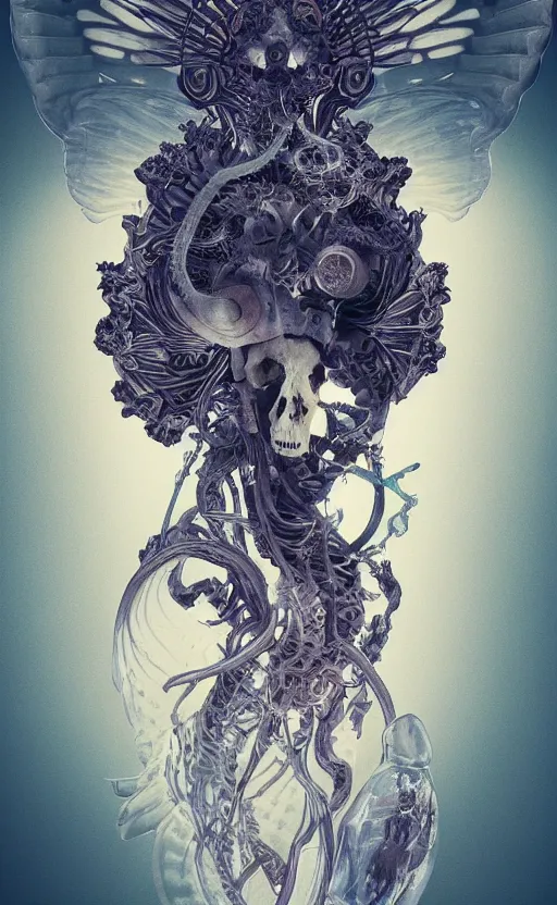 Image similar to goddess close-up portrait ram skull, thorax, x-ray, backbone, phoenix head, nautilus, orchid, skull, betta fish, bioluminiscent creatures, intricate artwork by Tooth Wu and wlop and beeple. octane render, trending on artstation, greg rutkowski very coherent symmetrical artwork. cinematic, hyper realism, high detail, octane render, 8k, green and orange tones