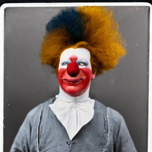 Image similar to ronald mcdonald clown booking photo, arrest, 1800s colorized