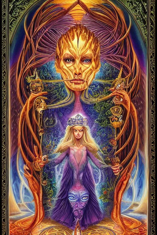Prompt: beautiful tarot card of the queen of dreams by carol bak and jacek yerka and alex grey, oil on canvas, intricate border, symmetrical, portrait, 8k highly professionally detailed, HDR, CGsociety