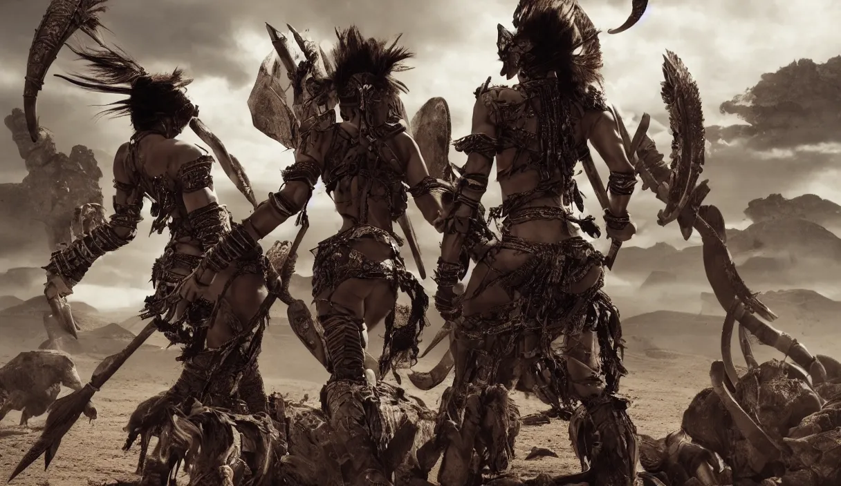 Prompt: long distance photo of ancient tribewoman standing against barbarians, in armor from monster hunter, attacking barbarian horde in the background, back shot, muscular bodies, dramatic lighting, cinematic, establishing shot, extremely high detail, photorealistic, 300 the movie,monster hunter the movie, dune the movie, cinematic lighting, artstation, octane render, western,old photo, vintage