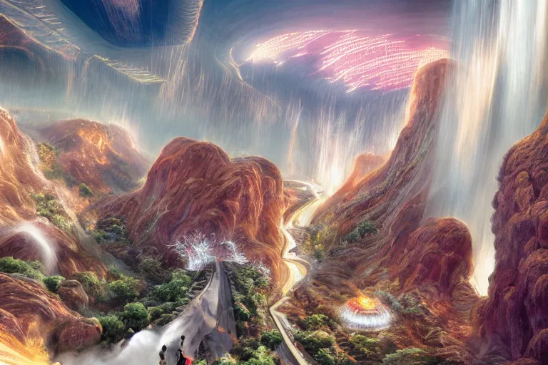 Image similar to High-end luxurios futuristic city with Singaporean royal gold lush volcano erupting, volcano lava destruction, set on Antelope Canyon with white thermal waters flowing down gold travertine terraces and lava overflowing, relaxing, ethereal and dreamy, thunderstorms and multiversal tornado, visually stunning, from Star Trek 2021, illustration, by WLOP and Ruan Jia and Mandy Jurgens and William-Adolphe Bouguereau, Artgerm