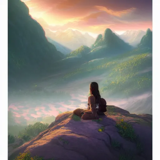 Prompt: highly detailed fantasy art, scene of natural innate artstation style, artstation form, a girl stood in the blossoming sunset valley, pondering the mountains in the distance. peaceful pastel palette, matte painting