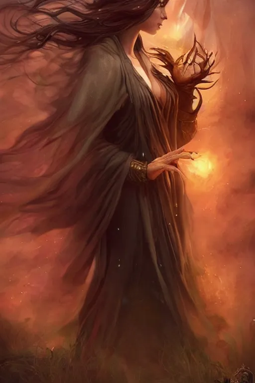 Image similar to seductive looking sorceress prays!!! magic the gathering, windy hair!, surreal dark fantasy, cinematic volumetric lights, portrait, dnd, intricate, elegant, highly detailed, digital painting, artstation, concept art, smooth, sharp focus, illustration, art by artgerm and tom bagshaw and greg rutkowski and alphonse mucha