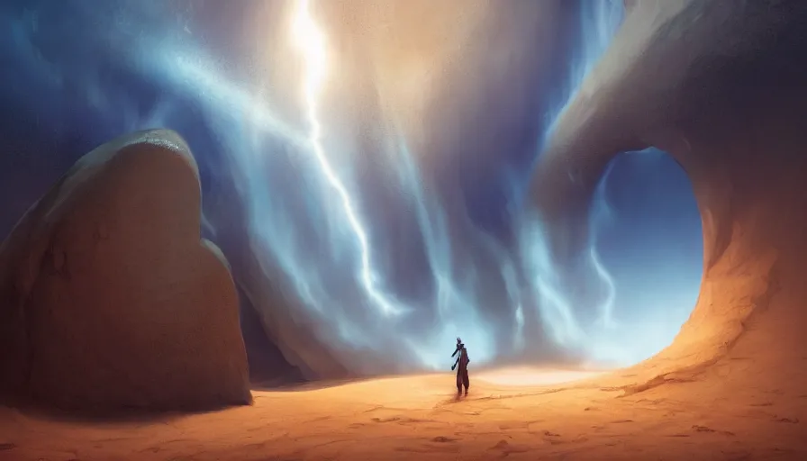 Prompt: a glowing magical portal inside a big wave made of sand fantasy desert, portal, a man watching over, lightning, arabia, by caspar david friedrich by james gilleard and justin gerard, artstation, smooth, sharp focus, by jean baptiste, octane render