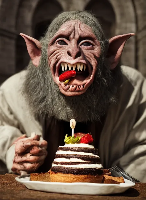 Image similar to closeup portrait of a medieval goblin eating cakes in the cloisters, depth of field, zeiss lens, detailed, symmetrical, centered, fashion photoshoot, by Annie Leibovitz and Steve McCurry, David Lazar, Jimmy Nelsson, Breathtaking, 8k resolution, extremely detailed, beautiful, establishing shot, artistic, hyperrealistic, beautiful face, octane render