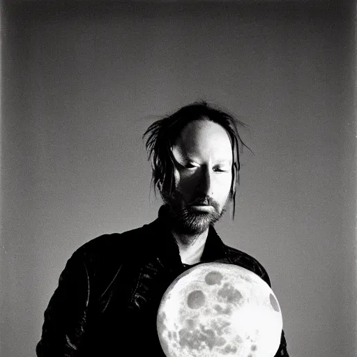 Prompt: Radiohead, holding the moon upon a stick, with a beard and a black jacket, a portrait by John E. Berninger, dribble, neo-expressionism, uhd image, studio portrait, 1990s