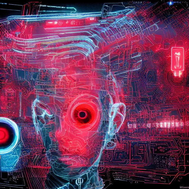 Prompt: a malevolent digital intelligence, portrait of a digital consciousness, glowing digital runes, motherboard circuitry, red eyes, hi tech, futurism, rhads!!!, james gurney, ( art fitzpatrick ), ( asaf hanuka ), ( ( barclay shaw ) ), ominous, saturday morning cartoon, clean linework, western animation