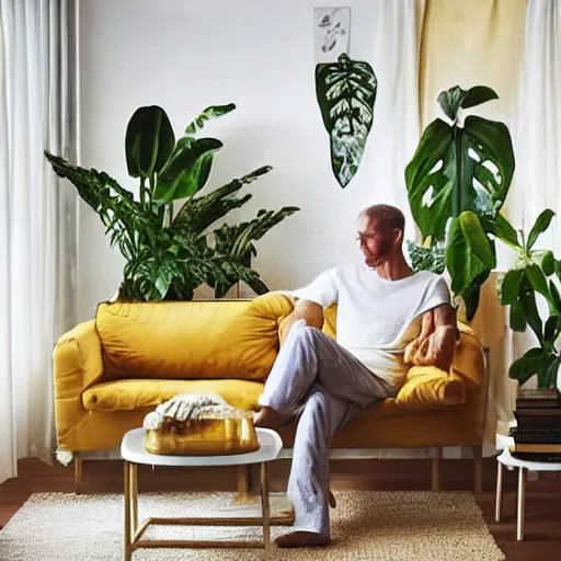 Image similar to An IKEA catalog photograph of a cozy, warm living room, bathed in golden light, with many tropical plants and eclectic furniture, a figure rests on an old couch, highly relaxed, sunday afternoon, living the good life, at peace, golden ratio