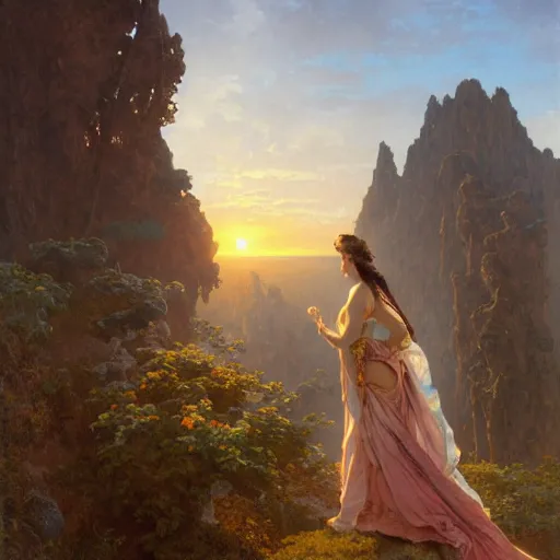 Image similar to an ultradetailed matte landscape painting of mountain sized sculpture of a beautiful and elegant woman, sunrise on the horizon in the background, stone hand raised up, 8 k, art by greg rutkowski and alphonse mucha and andreas rocha and albert bierstadt