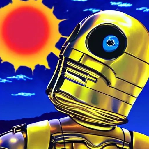 Image similar to entire body portrait of Simpson as C3PO in star wars, background blue sky puffy clouds cinematic 4k