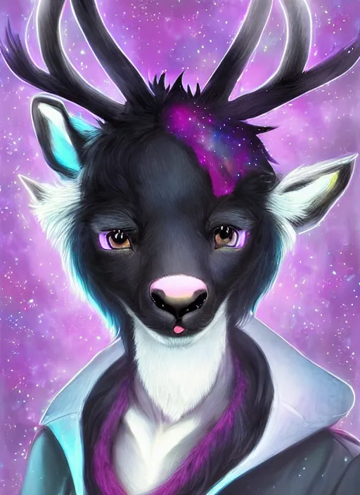 Image similar to award winning beautiful portrait commission of a male furry anthro Black Reindeer fursona with a tail, wings and a cute beautiful attractive detailed furry face wearing stylish black and rainbow galaxy clothes in a outerspace city at night while it rains. Character design by charlie bowater, ross tran, artgerm, and makoto shinkai, detailed, inked, western comic book art