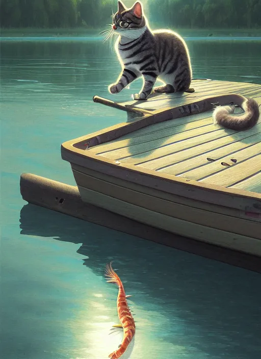 Image similar to highly detailed portrait of a cat fishing at a lake, stephen bliss, unreal engine, greg rutkowski, loish, rhads, beeple, makoto shinkai and lois van baarle, ilya kuvshinov, rossdraws, tom bagshaw, tom whalen, alphonse mucha, global illumination, god rays, detailed and intricate environment