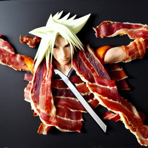 Image similar to sephiroth made out of crispy bacon