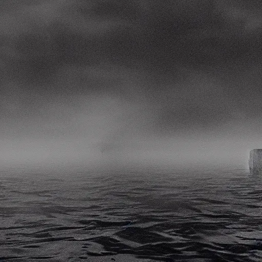 Prompt: thalassophobia in silent hill, shadowy eyes looking up from foggy water, photo taken from row boat by james sunderland, hyper realistic,