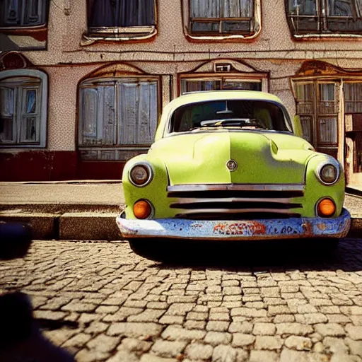 Prompt: low angle photo car in soviet town in mid day by william egglestone, bokeh