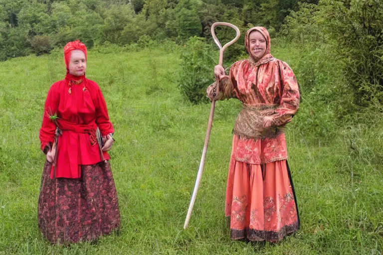 Image similar to romanian woman with scythe, drmatic ligthing, traditional romanian clothes