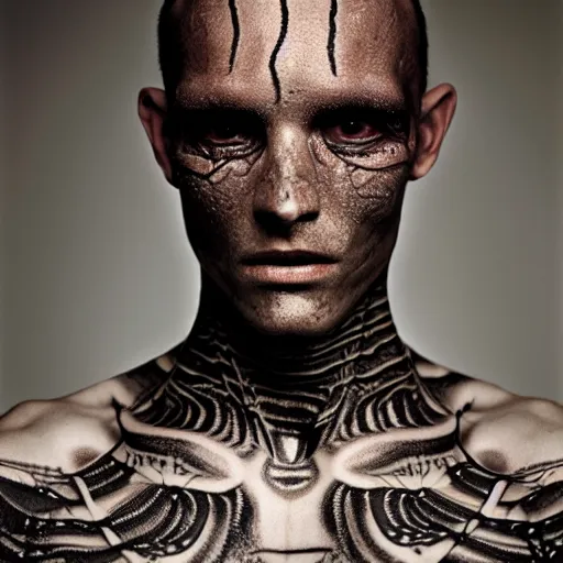 Image similar to a close up portrait of a beautiful athletic young male alien with his skin covered in spiderweb tattoos , photographed by erwin olaf, artistic