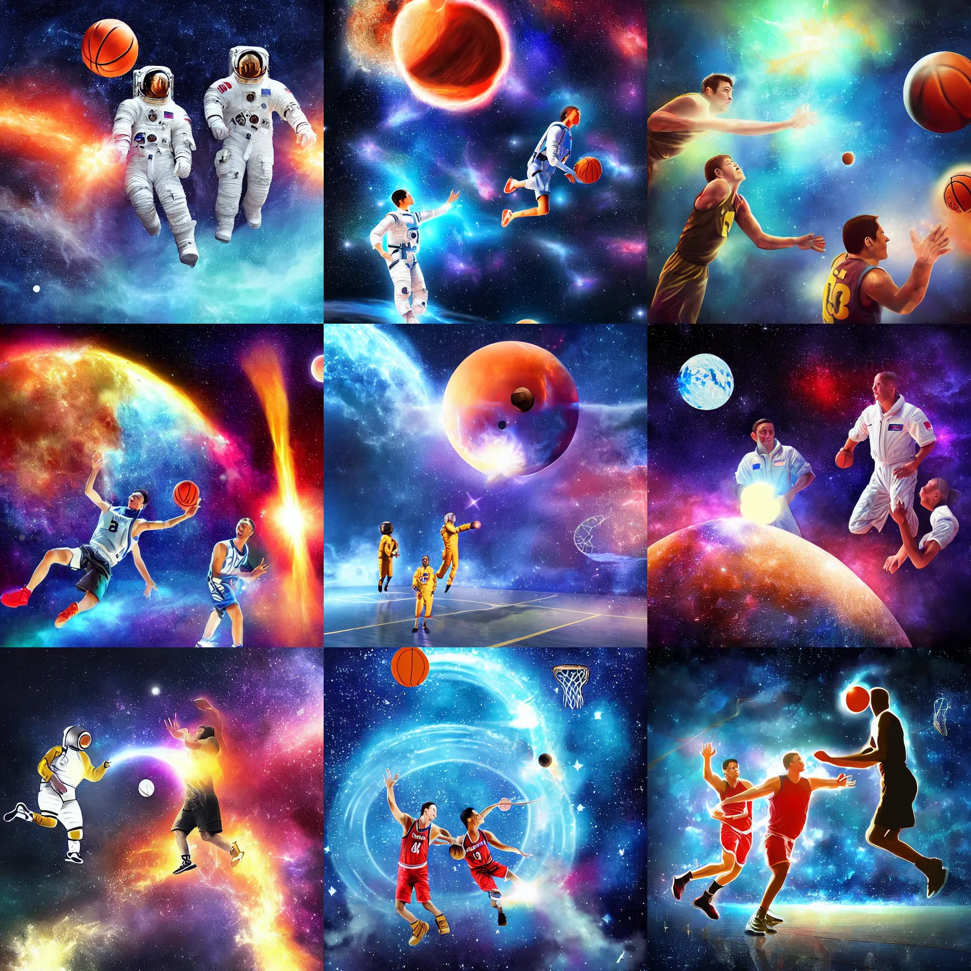 Prompt: Two astronauts playing basketball with the moon as the ball, a colorful nebula explosion in the background, digital art