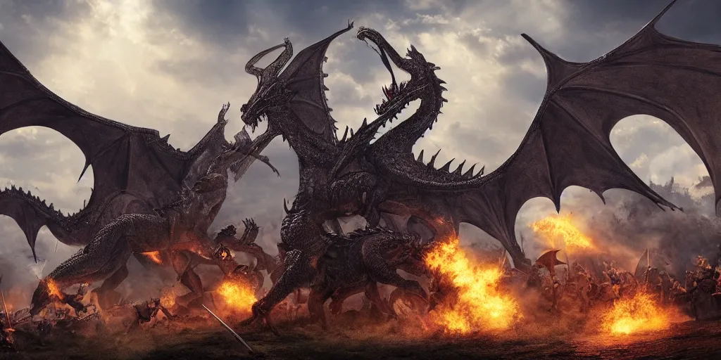 Prompt: big ancient dragon breathing fire onto medieval knights in a epic battle on the battlefield, high detail, high definition, photorealistic, 8k