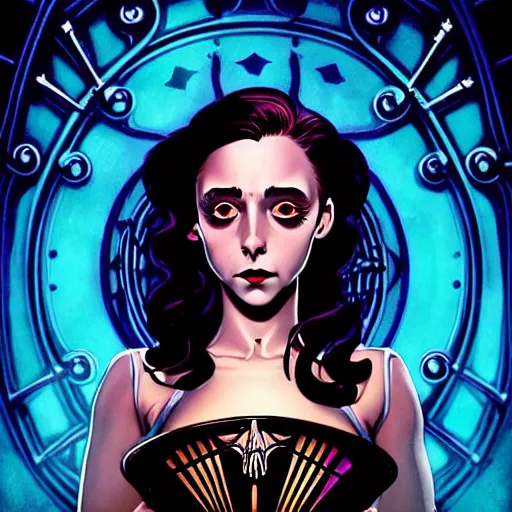 Prompt: beautiful stella maeve magician, black magic spells, in the style of joshua middleton, creepy pose, spooky, symmetrical face and body, vibrant cinematic lighting, detailed realistic symmetrical eyes, insanely detailed and intricate elegant, aquapunk, titian, bioshock, underwater home