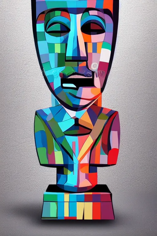 Image similar to cubist moai statue cutout digital illustration cartoon colorful beeple