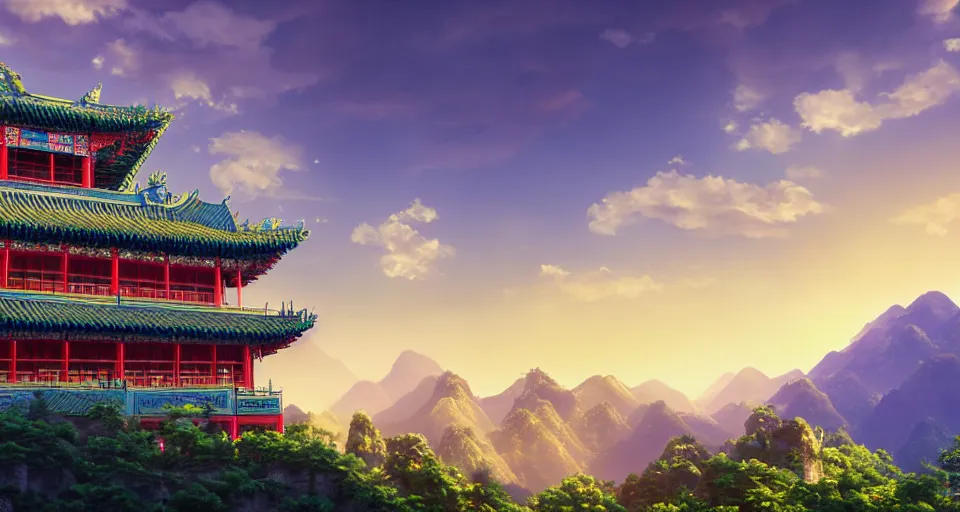 Prompt: beautiful chinese architecture with mountains, bamboo, blue skies, and voluminous clouds ; beautiful, amazing, colorful, dramatic lighting, cel - shaded, amazing depth, vivid colors, masterpiece ; behance hd, octane render, unreal engine 5, hyperdetailed, photography, photorealistic