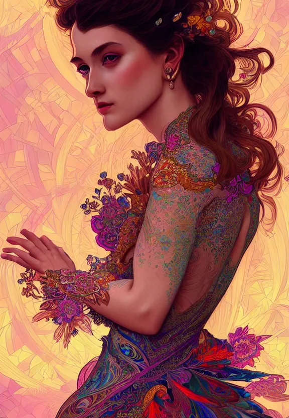 Prompt: portrait of a beautiful woman wearing a kaleidoscopic psychedelic dress, fantasy, intricate, elegant, highly detailed, digital painting, artstation, concept art, smooth, 8 k, sharp focus, illustration, art by artgerm and greg rutkowski and alphonse mucha