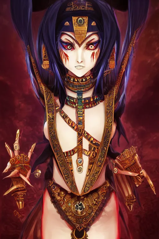 Prompt: a head to upper torso portrait of a smirking necromancer queen cleopatra, beautiful and detailed eyes, with pyramids and a giant crimson moon with the eye of ra in the background, by tite kubo and guweiz, dramatic lighting, manga cover, highly detailed, incredible quality, trending on artstation