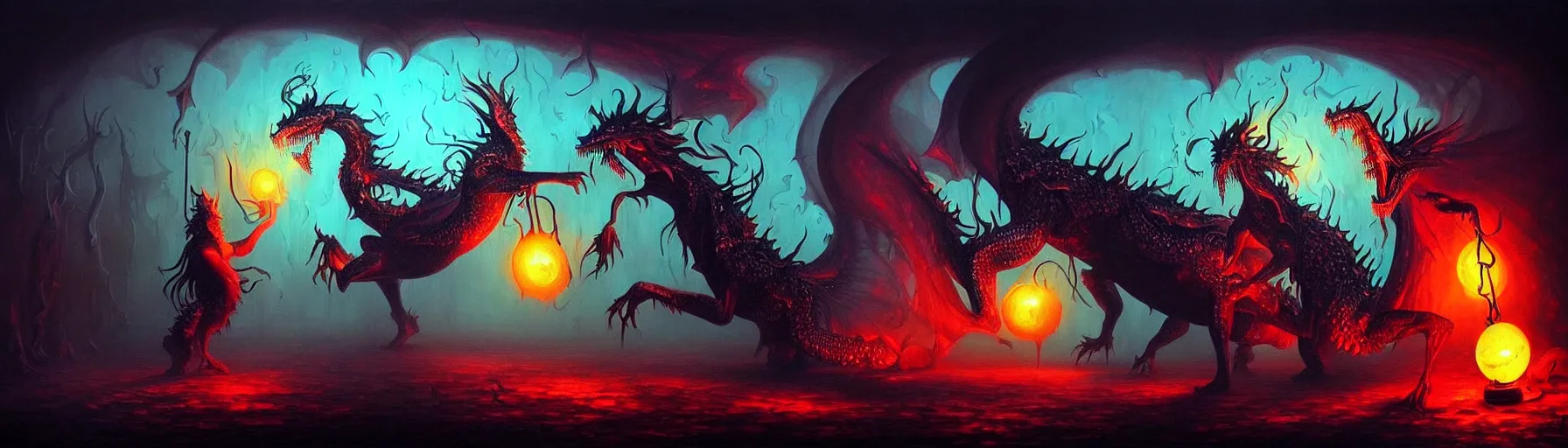 Prompt: strange whimsical alchemical dragons from the depths of the collective unconscious, dark eerie dramatic lighting, detailed and atmospheric surreal darkly colorful painting by ronny khalil