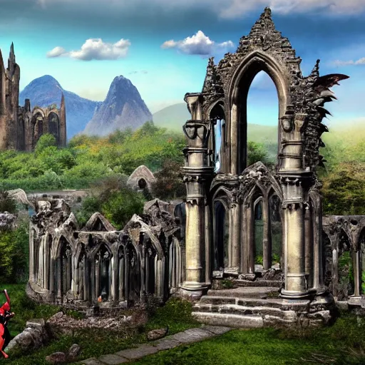 Prompt: Large Gothic architecture stone keep, circled by a red dragon and a blue dragon, mountains in the distance filled with ruins, high detail, art station