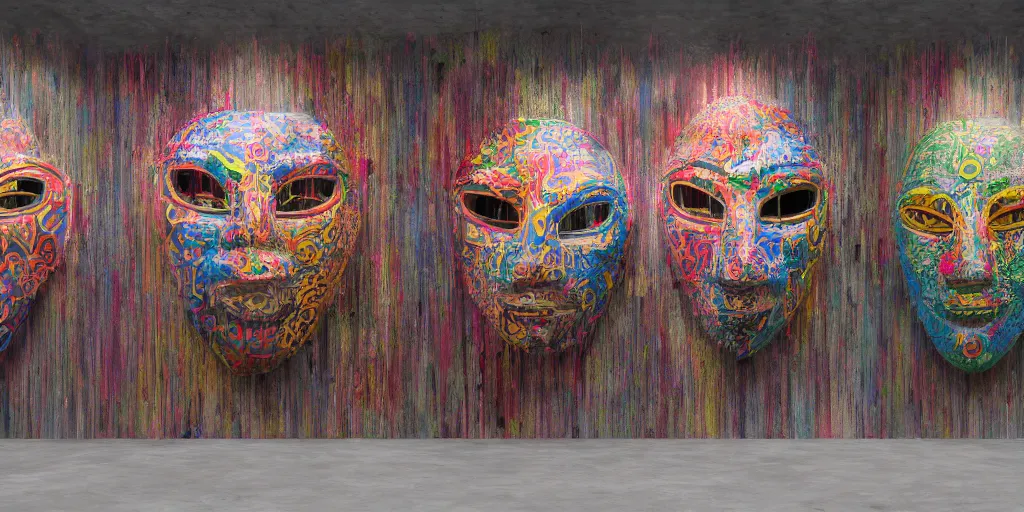 Prompt: A hyper realistic photography of an exhibition space with indigenous masks and dripping colors on the wall, photorealistic, 8k render