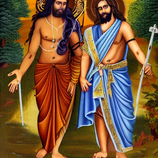 Image similar to jesus dressed as a hindu god, walking with lord shiva in a village