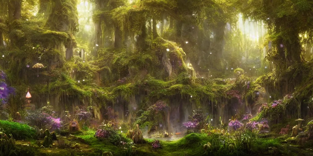 Image similar to a beautiful hyper realistic detailed matte painting of a magical potion and spell shop in a serene magical forest in faeries land in a moss and flowers, fireflies, art by Moebius and John Howe and Albert Bierstadt and Alena aenami, Final Fantasy, unreal engine, trending on artstation, barometric projection, rectilinear, f16