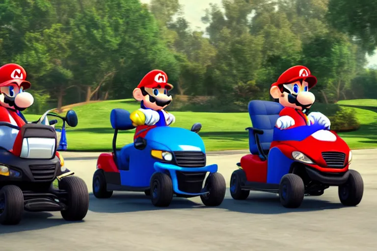 Prompt: mario brothers and sonic the hedgehog driving golf carts, movie still, from the new fast and furious movie, 8 k, hd