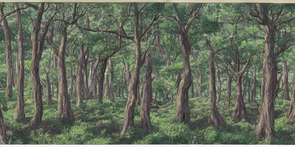 Prompt: full color page scan reference sheet of various trees, matte painting,