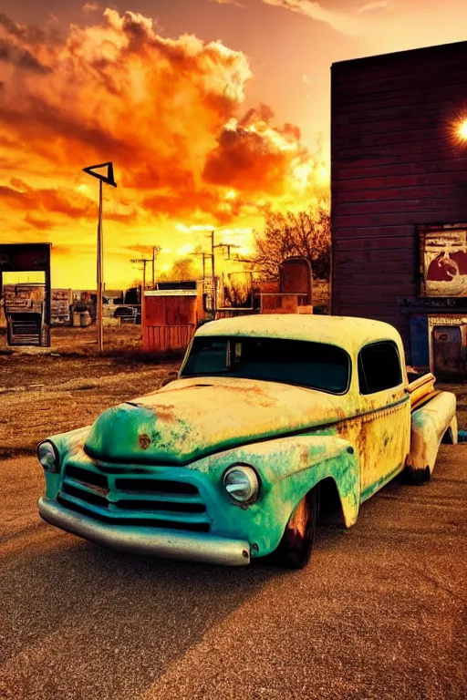 Image similar to a sunset light landscape with historical route 6 6, lots of sparkling details and sun ray ’ s, blinding backlight, smoke, volumetric lighting, colorful, octane, 3 5 mm, abandoned gas station, old rusty pickup - truck, beautiful epic colored reflections, very colorful heavenly, softlight