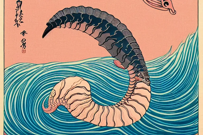 Prompt: ukiyoe painting of in a cambrian era ocean swims a nautilus above pink sand, trending on artstation