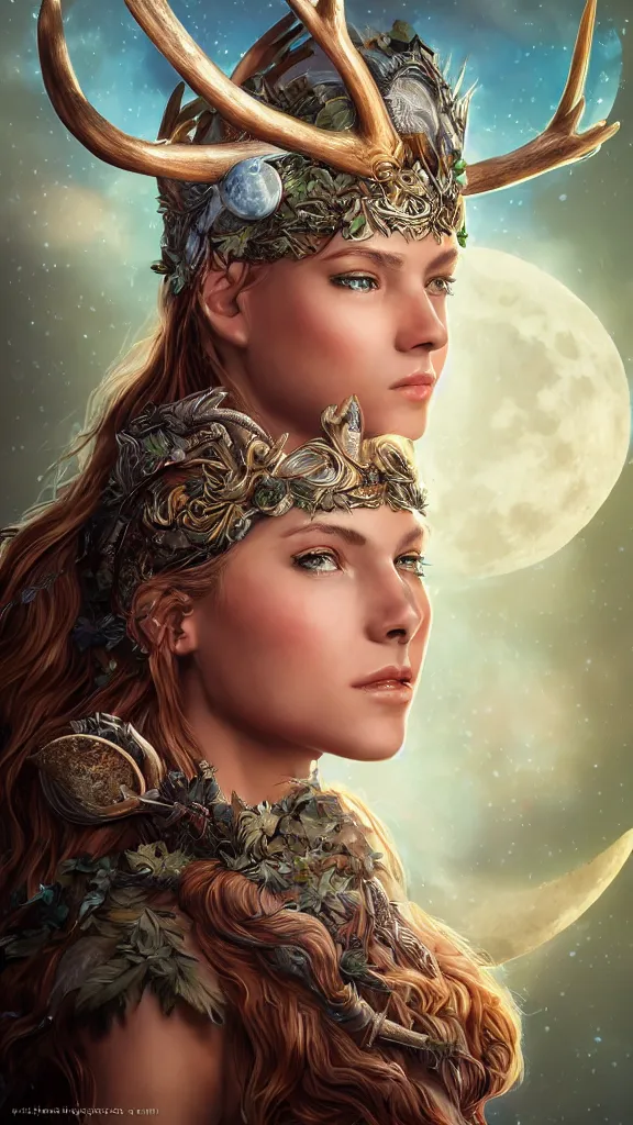 Image similar to portrait of Artemis, goddess of the hunt and the moon, wearing an antler crown, studio lightning, bright colors, intricate, masterpiece, photorealistic, hiperrealistic, sharp focus, high contrast, Artstation HQ, DeviantArt trending, 4k UHD, Unreal Engine 5