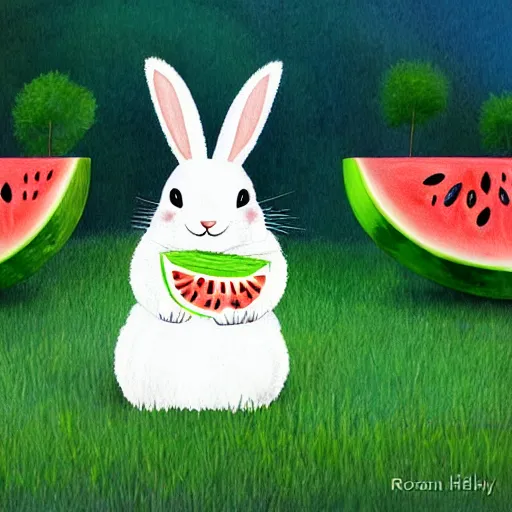 Image similar to a cute rabbit eating watermelon on the green meadow, style by roman shipunov