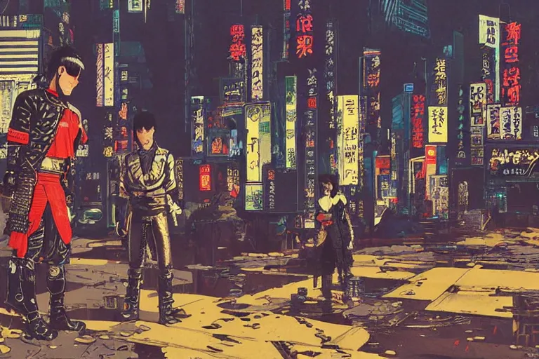 Image similar to punk leather samurai. dramatic low angle. tokyo can be seen in the distance. art in the style of vincent di fate's cyberpunk 2 0 2 0.