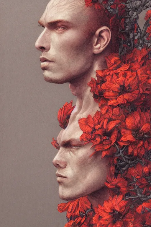 Prompt: portrait of beautiful young man, warhammer, japanic style, cyberpunk, a lot of scars, more and more flowers, red head, the middle ages, highly detailed, artstation, illustration, art by jean delville, 8 k quality