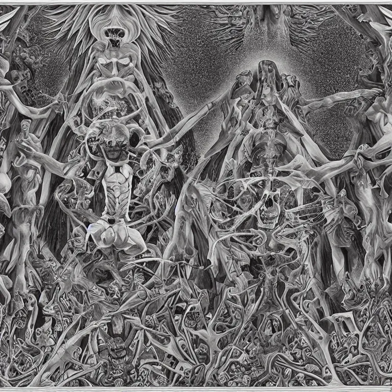 Image similar to meditation on death by Alex Grey and M. C. Escher collaboration