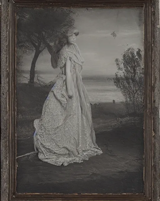 Image similar to a young woman standing by the sea, long hair, made of intricate decorative lace leaf skeleton, in the style of the dutch masters and gregory crewdson, dark and moody