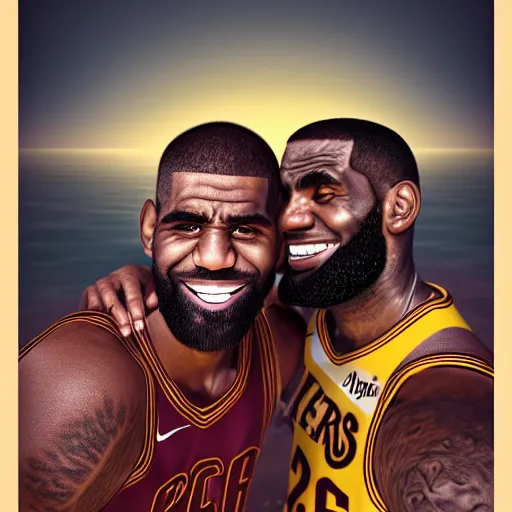 Image similar to beautiful serene intricate portrait of kyrie irving and lebron james taking a selfie, smiling softly, relaxing on the beach, golden hour, soft focus, 8 k, art by irakli nadar, hyperrealism, hyperdetailed, ultra realistic