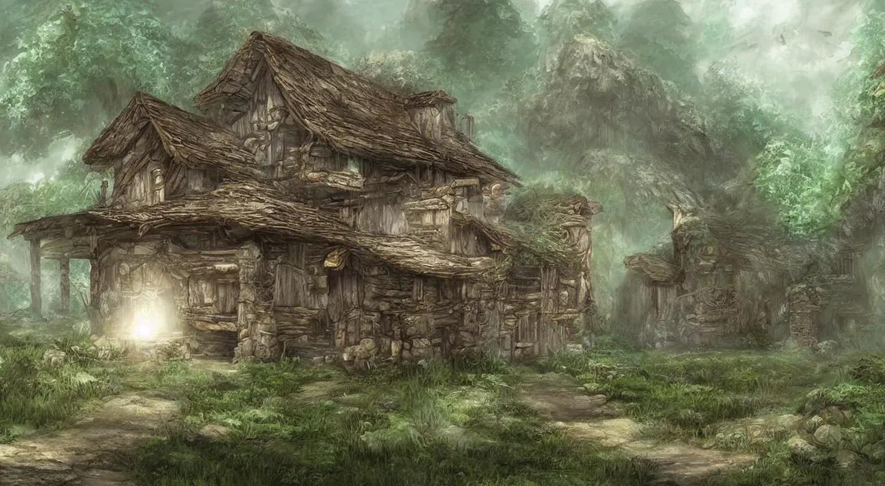 Image similar to concept art of an old rustic house in a forest in final fantasy