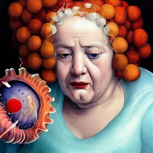 Image similar to a very funny stylize oil painting in renaissance style of a sweet fat old woman kissing a colorful jelly fish. symmetry face, red mouth, blue eyes. flowery dress. hyper realistic scene. 3 d, octane render, deep focus, white scene. very funny and sweet image. unreal engine. watercolor. fellini style. poster quality. da vinci painting style.